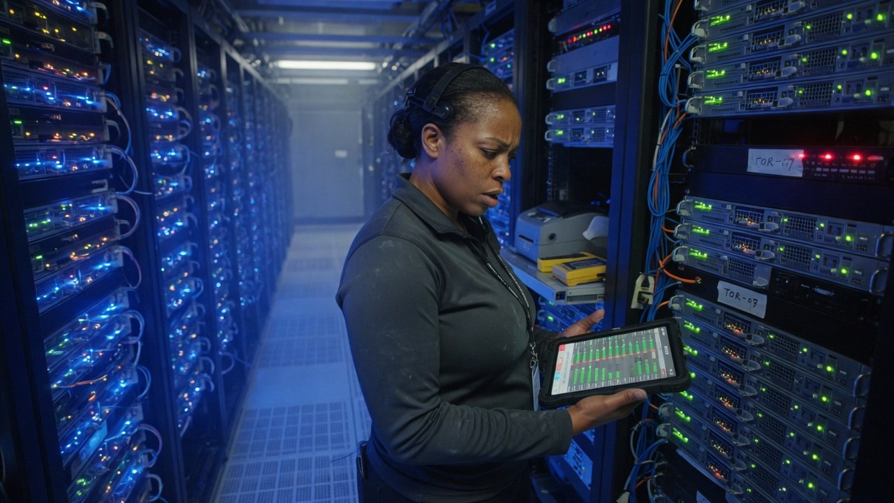 An engineer in a server aisle checking rack status on a tablet beside hand-labelled switches and patched cables.