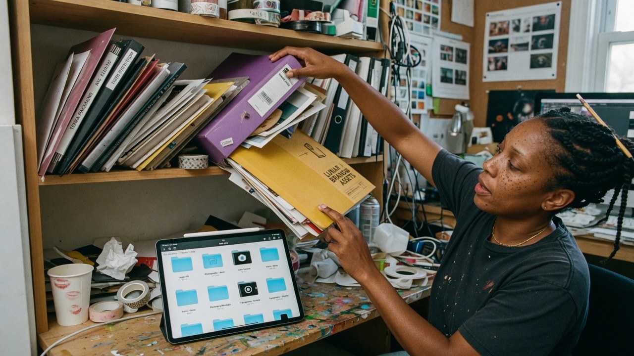 A designer pulling a brand-assets folder from a crowded shelf while a tablet shows the asset library.