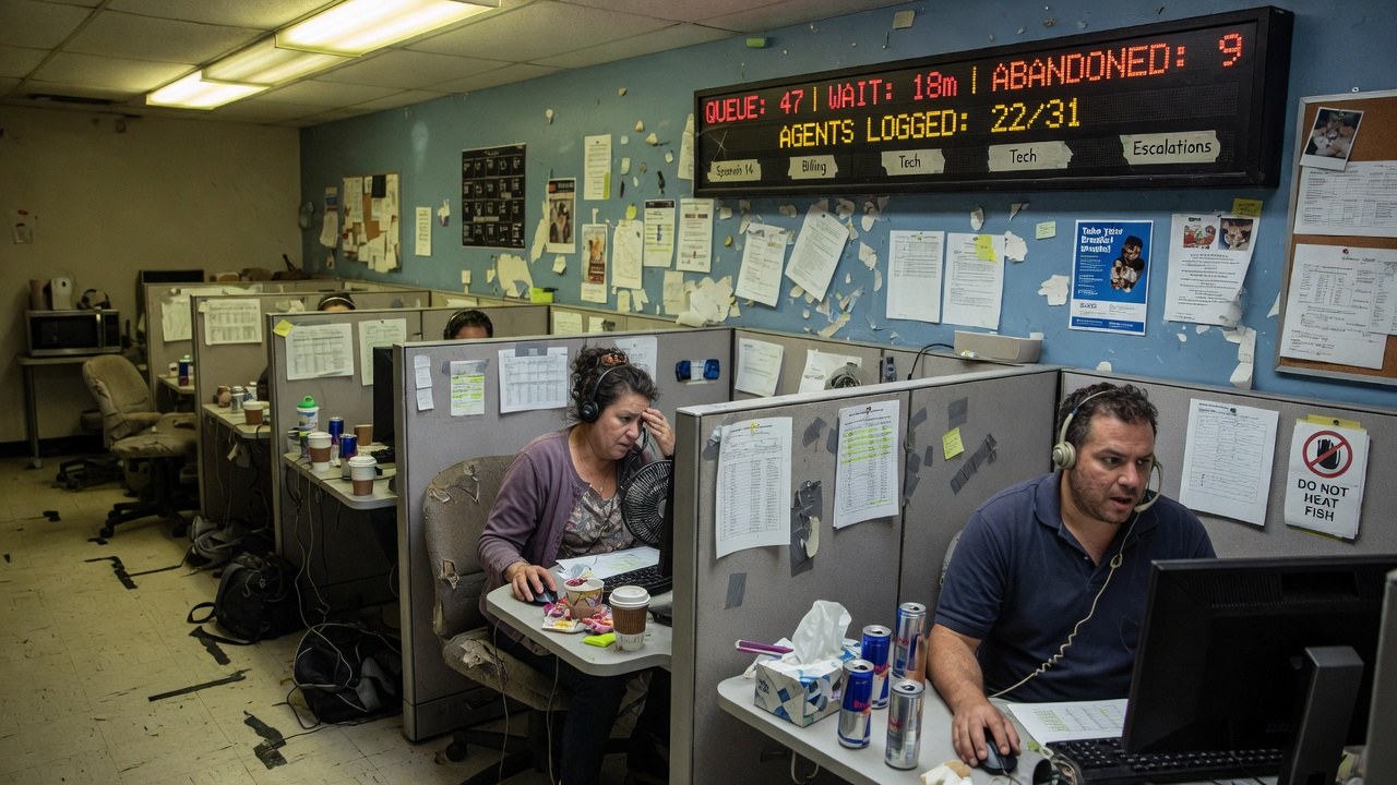 A worn support floor: agents at cubicles under a LED board reading queue, wait and abandoned counts.