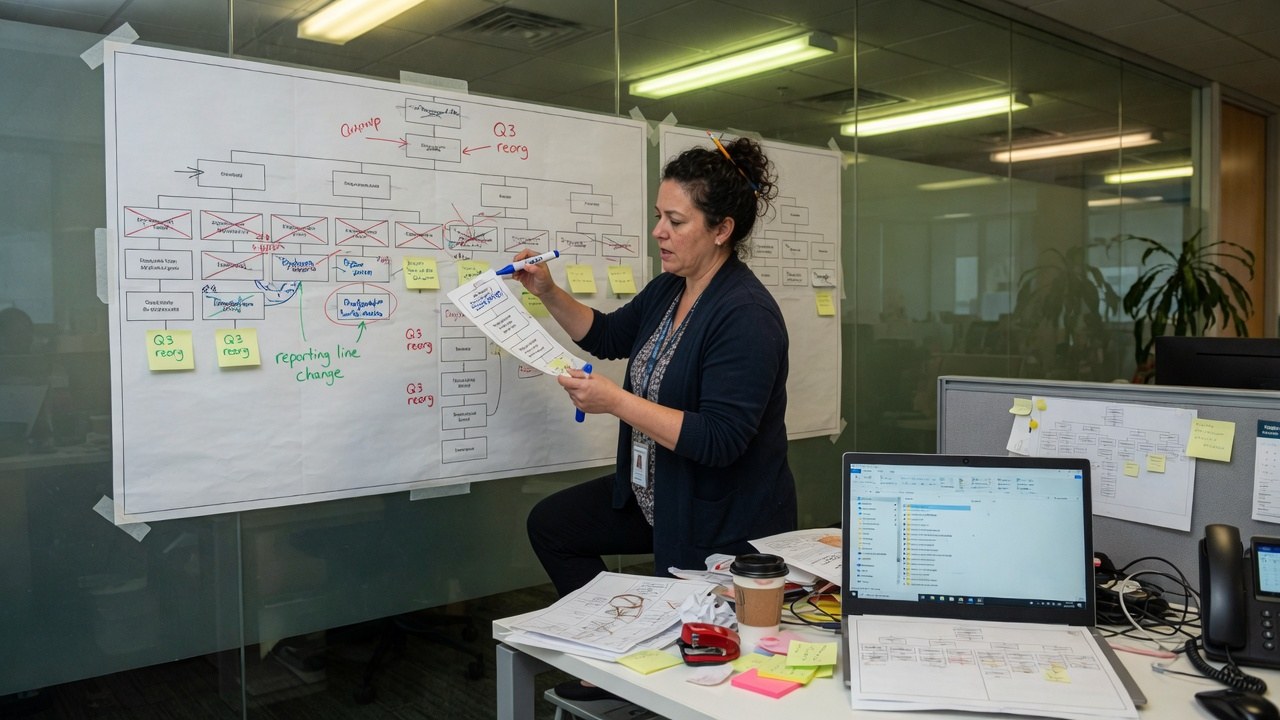 An HR operations lead updating a large printed org chart taped to a glass wall, a laptop showing a directory tree on the messy desk beside her.