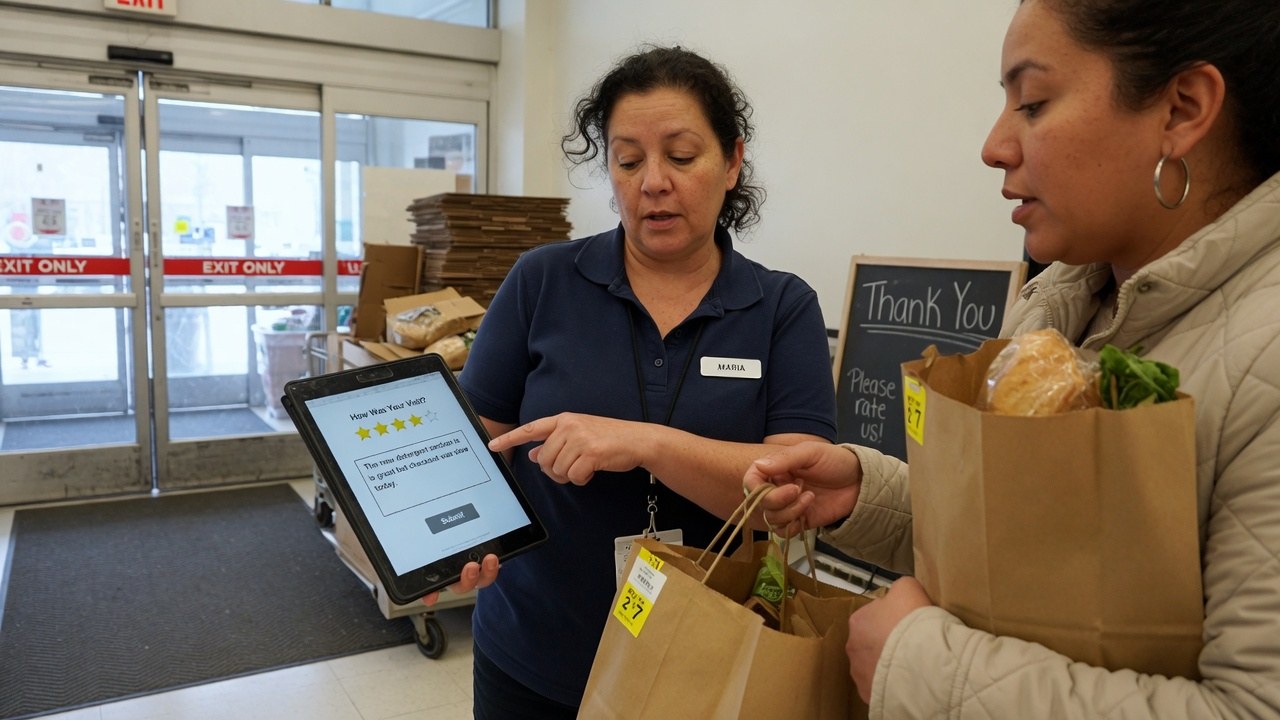 A store manager showing a tablet feedback form — star rating and submit button — to a customer near the exit.