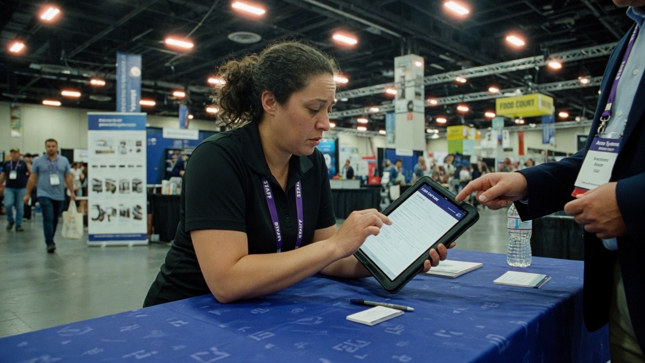 Event staff capturing a lead on a tablet at a tradeshow booth, hall traffic behind.