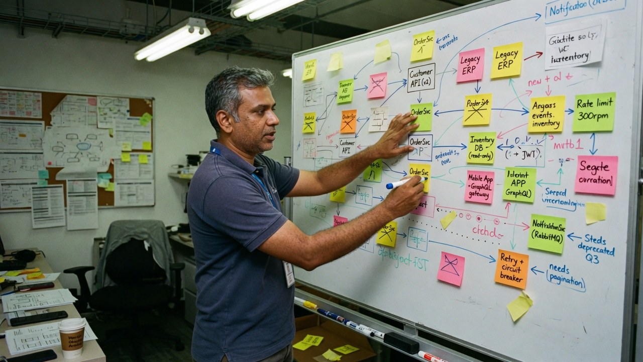 An integration architect pinning sticky notes to a whiteboard map of services, queues and legacy systems in a fluorescent office.