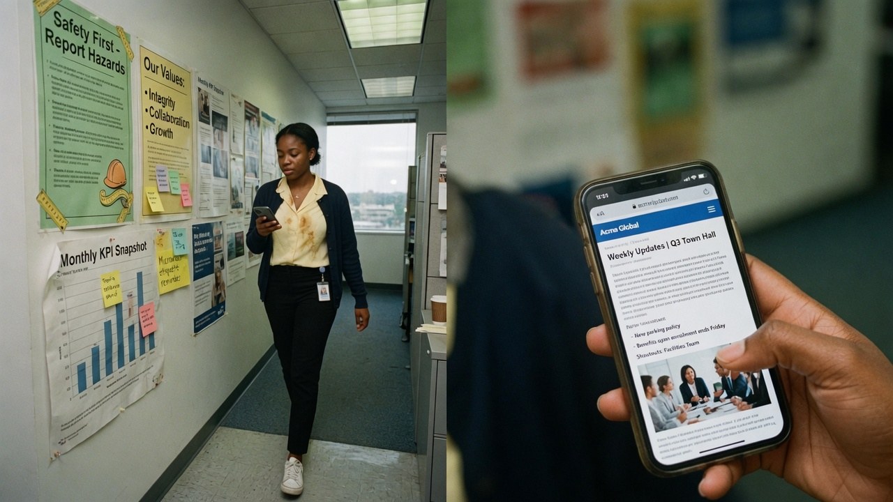 A person walking down an office hallway checking the company intranet on a phone, posters and a KPI printout on the wall.