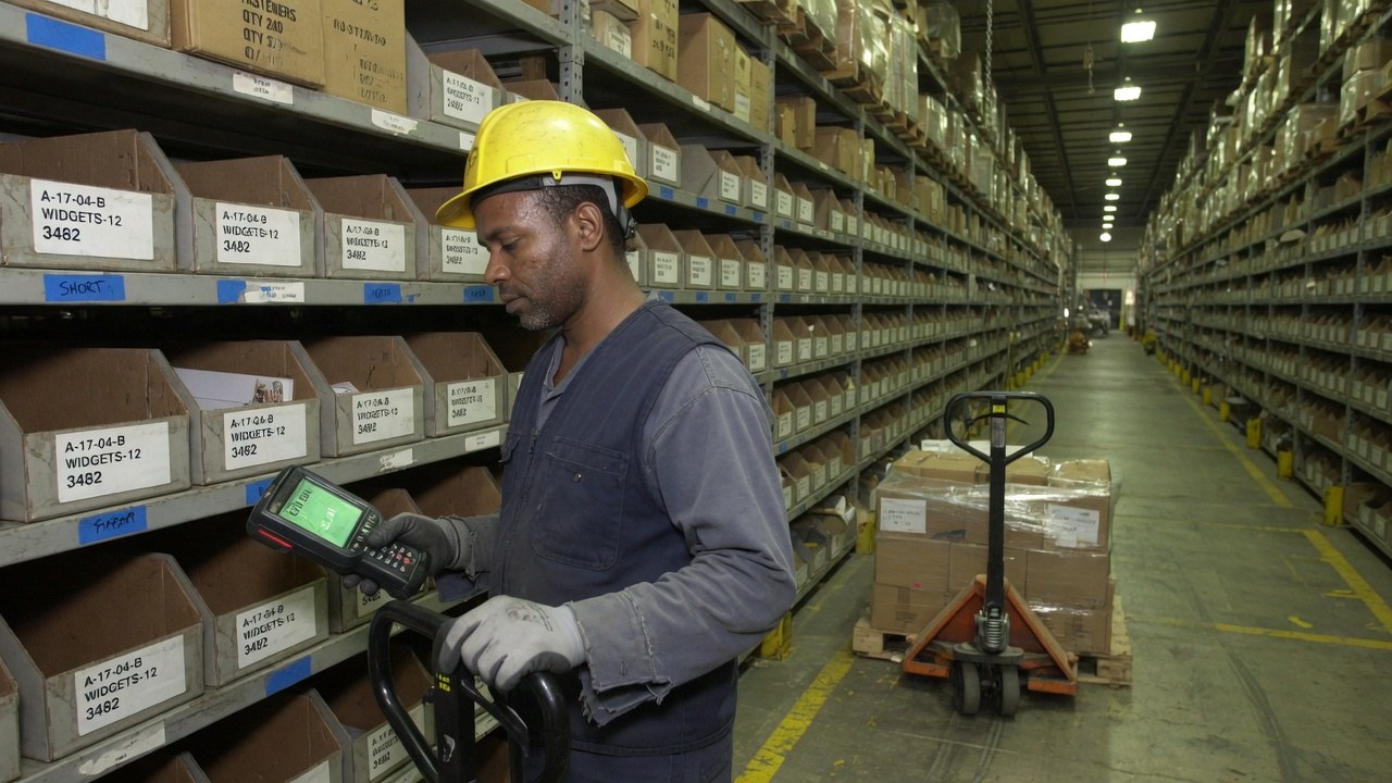 A warehouse associate in a hard hat scanning printed bin labels with a handheld terminal in a long rack aisle, a pallet jack behind him.