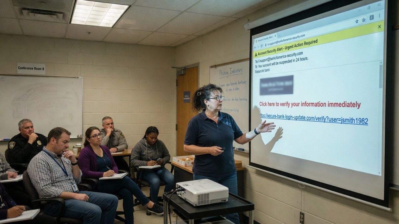 A security-awareness trainer walking a small class through a phishing email on a projector — the human end of mail security.