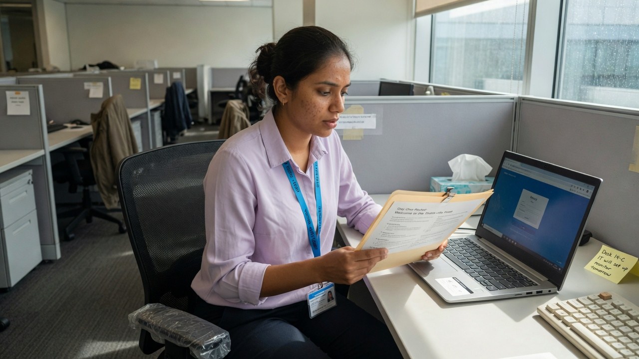 A person at a fresh desk on day one, reading through a welcome packet beside a new laptop, badge still on its lanyard.