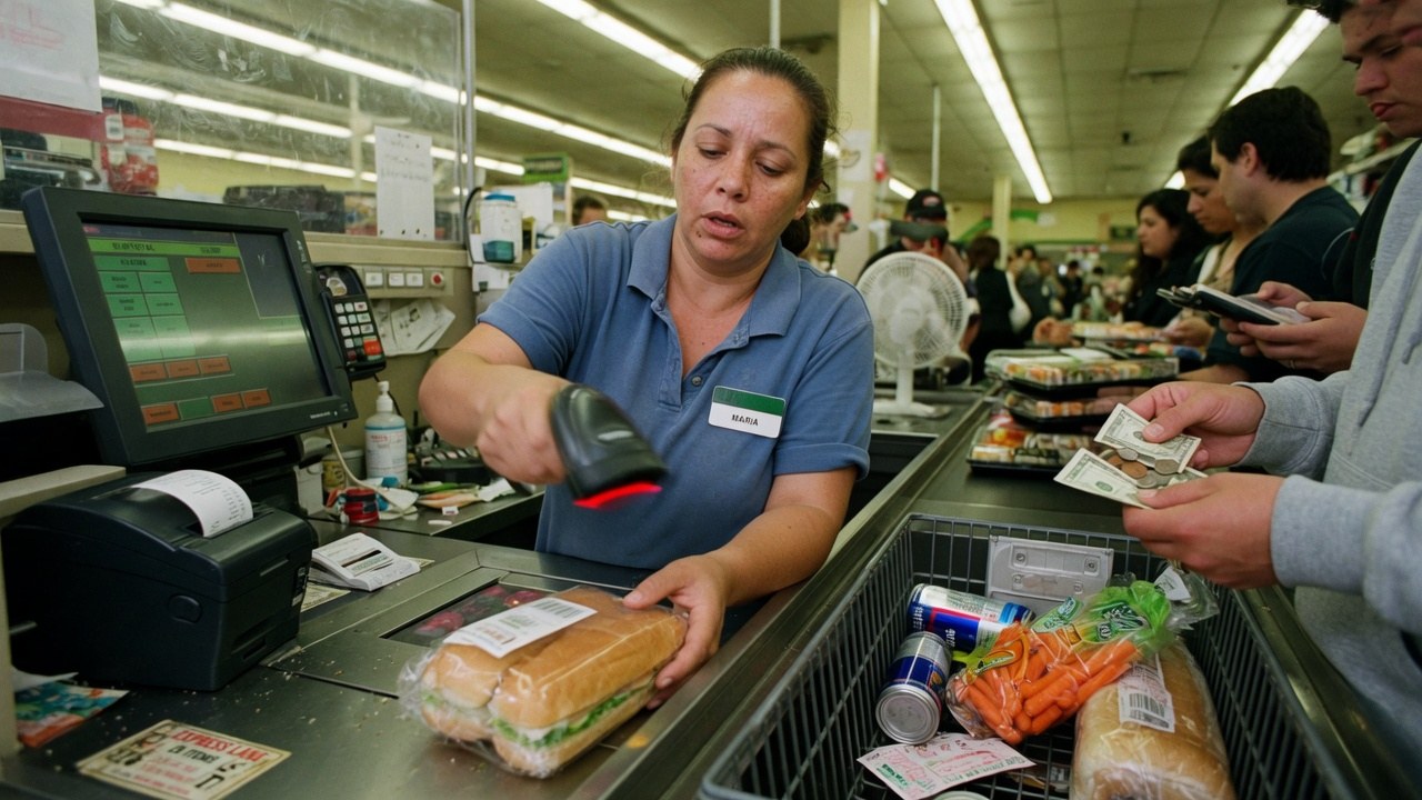 A cashier scanning goods at a supermarket register during a rush, customers waiting with cash in hand along the conveyor.