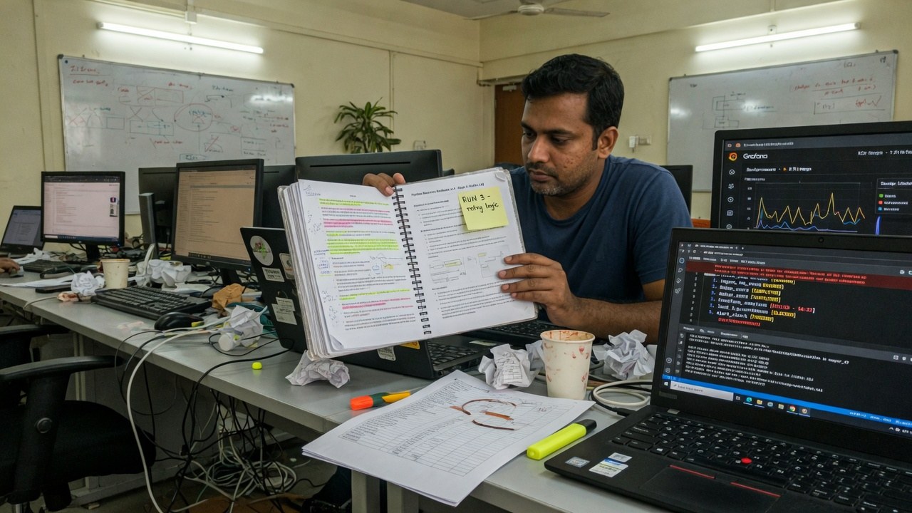 An engineer checking a printed, highlighted runbook with a sticky note reading “RUN 3 — retry logic” while pipeline steps run on a laptop beside him.