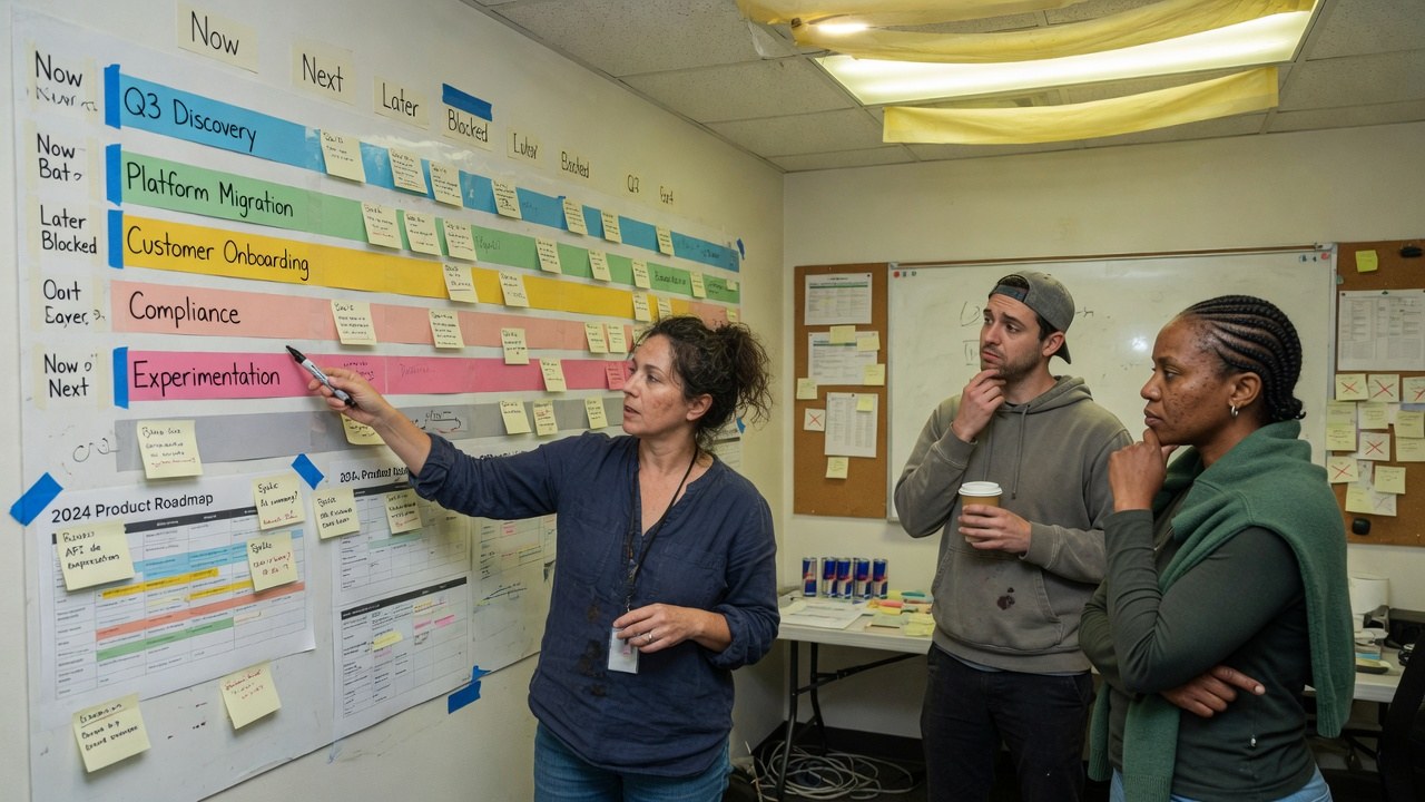 Three people at a wall roadmap with columns Now, Next, Later and Blocked and swimlanes for discovery, platform migration, onboarding, compliance and experimentation.