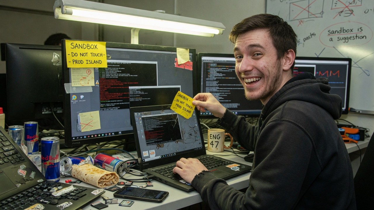 A developer at a cluttered desk deliberately breaking a sandbox environment, holding a sticky note marked do-not-touch.