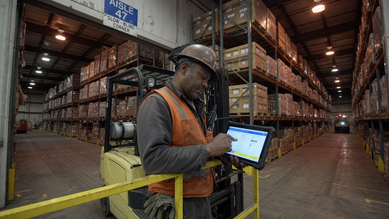 A forklift operator in a hard hat and hi-vis vest checking a rugged tablet at the entrance to aisle 47 of a high-bay warehouse.