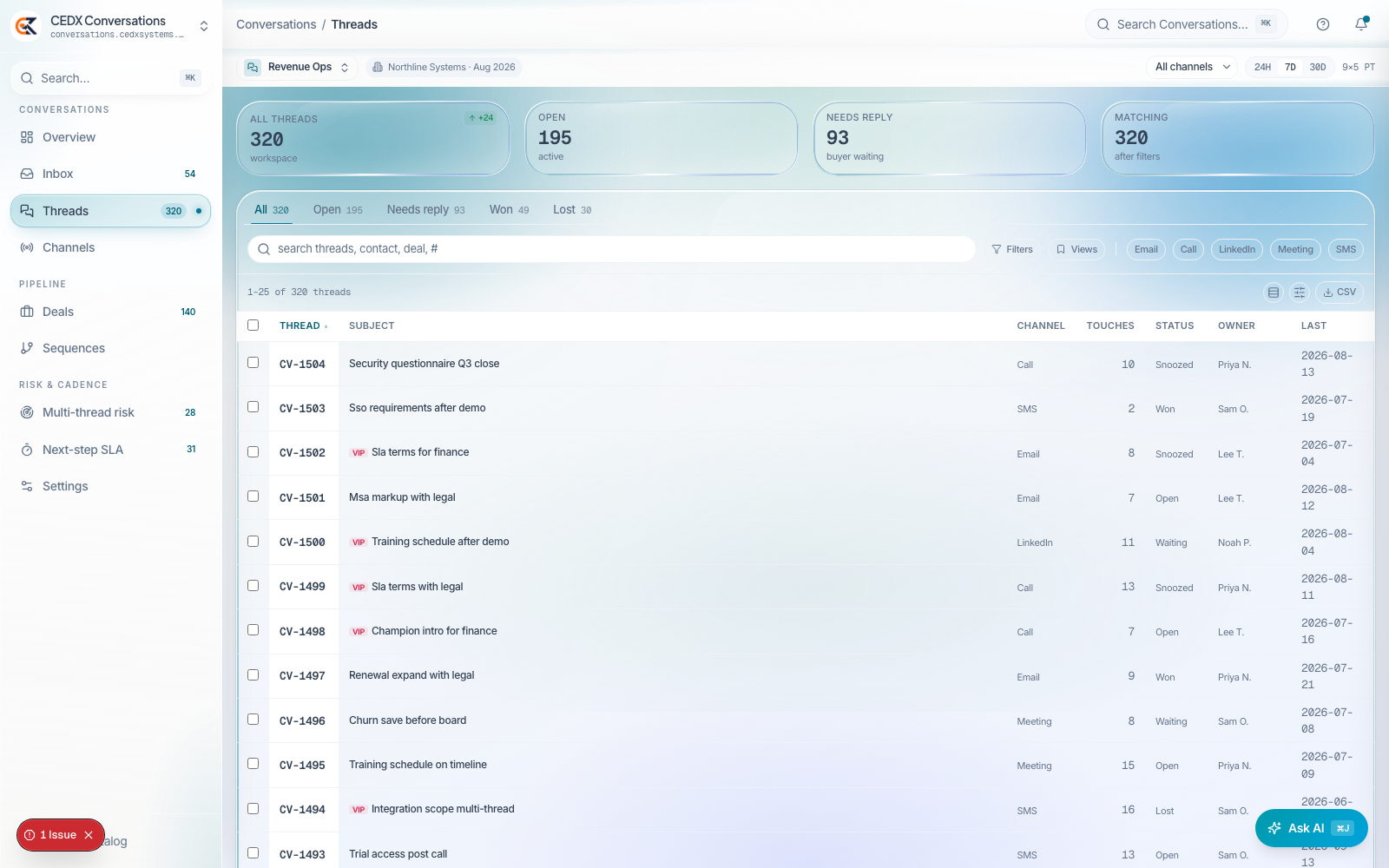 CEDX Conversations Threads screen.